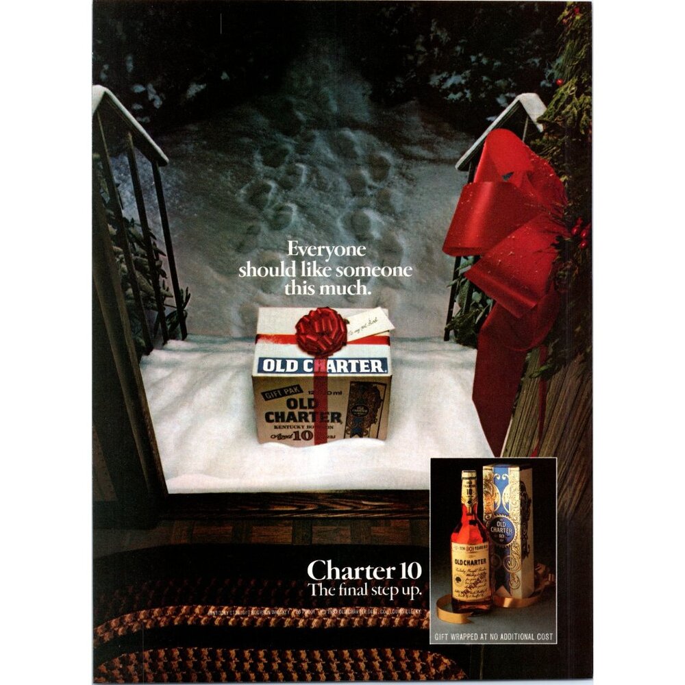 1981 Old Charter 10 Bourbon Christmas Gift Ribbon Vintage Print Ad Wall Art